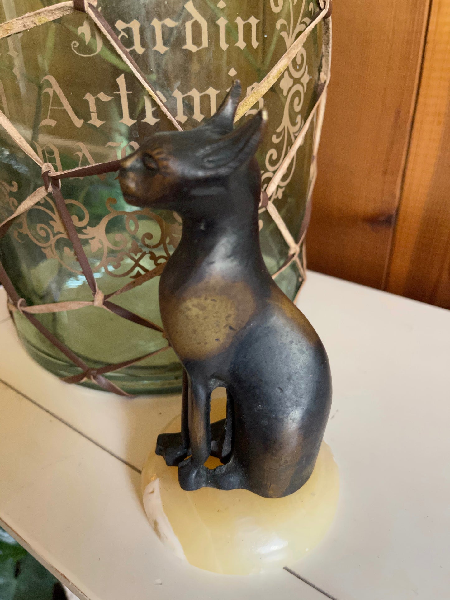 Vintage Cat Figurine, Egyptian Cat Statue on Stone Stand, Old World Vintage
