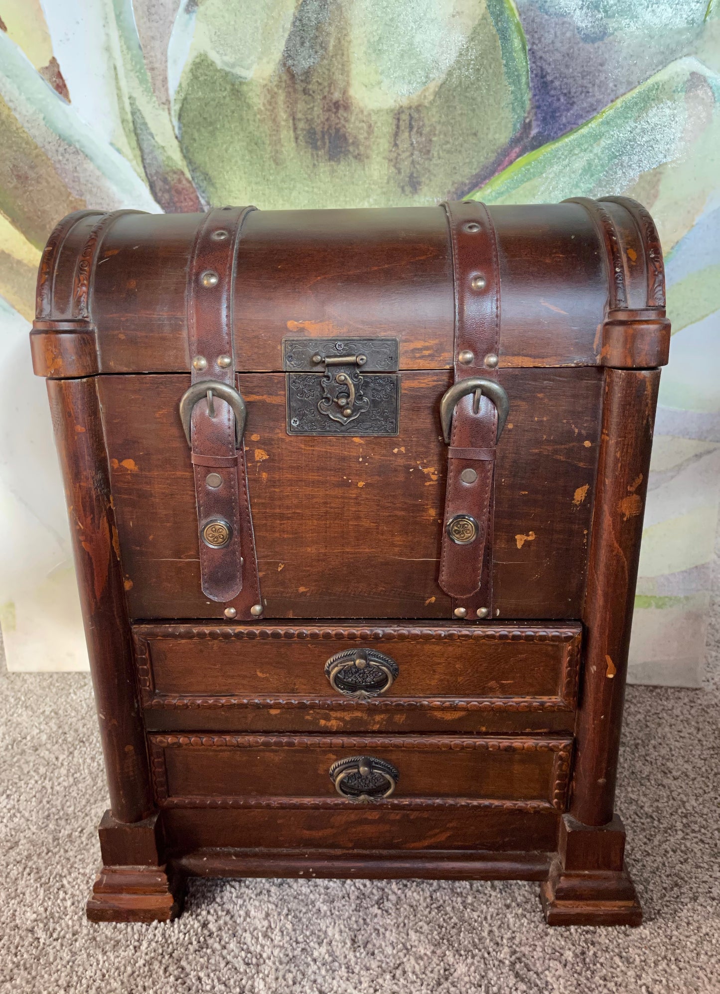 Large Vintage Trunk, Wood and Leather Vintage Chest, Home Decor