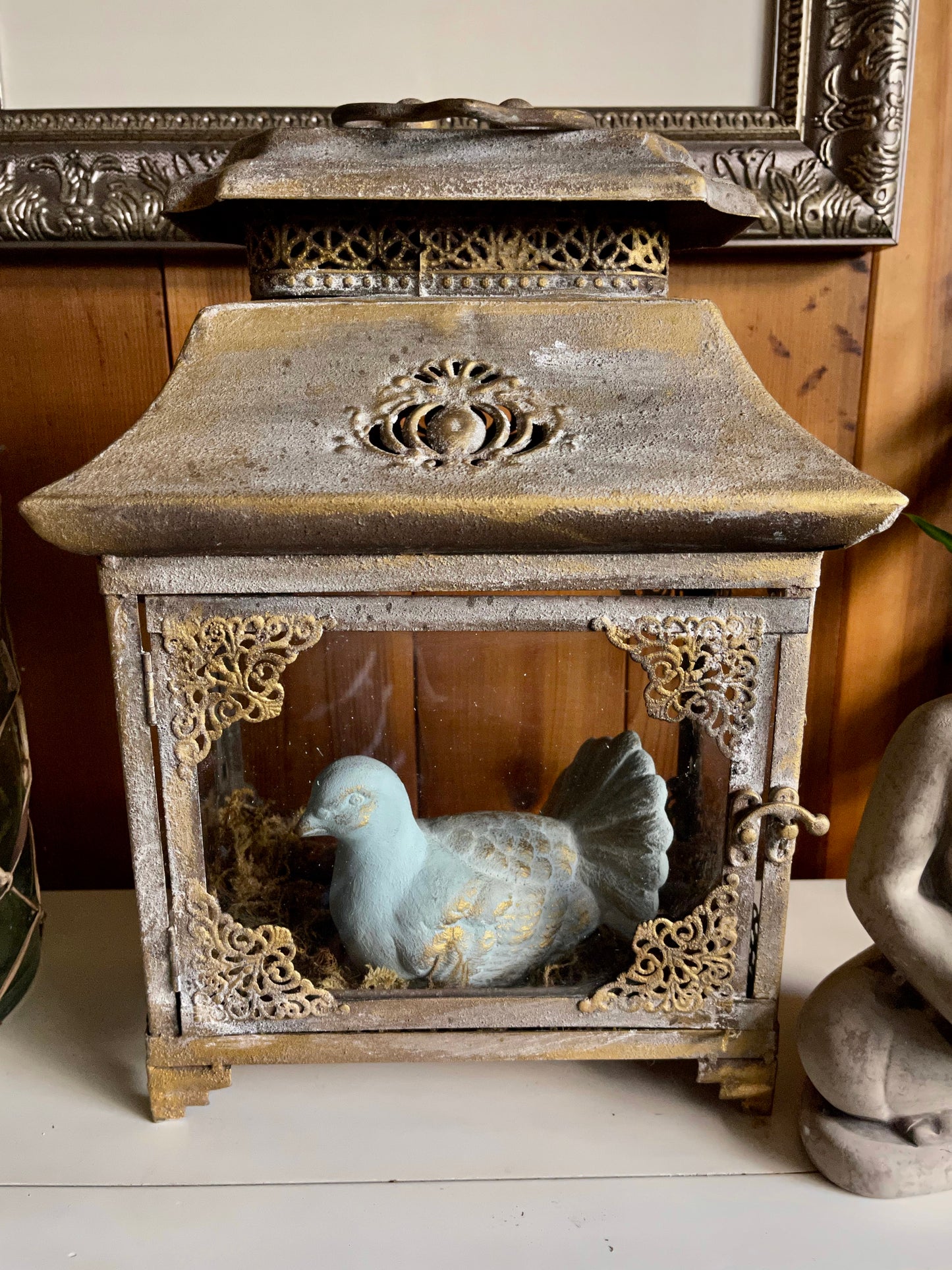 Beautifully Intricate Lantern, Gold Distressed Lantern with Blue Bird, Old World Vintage