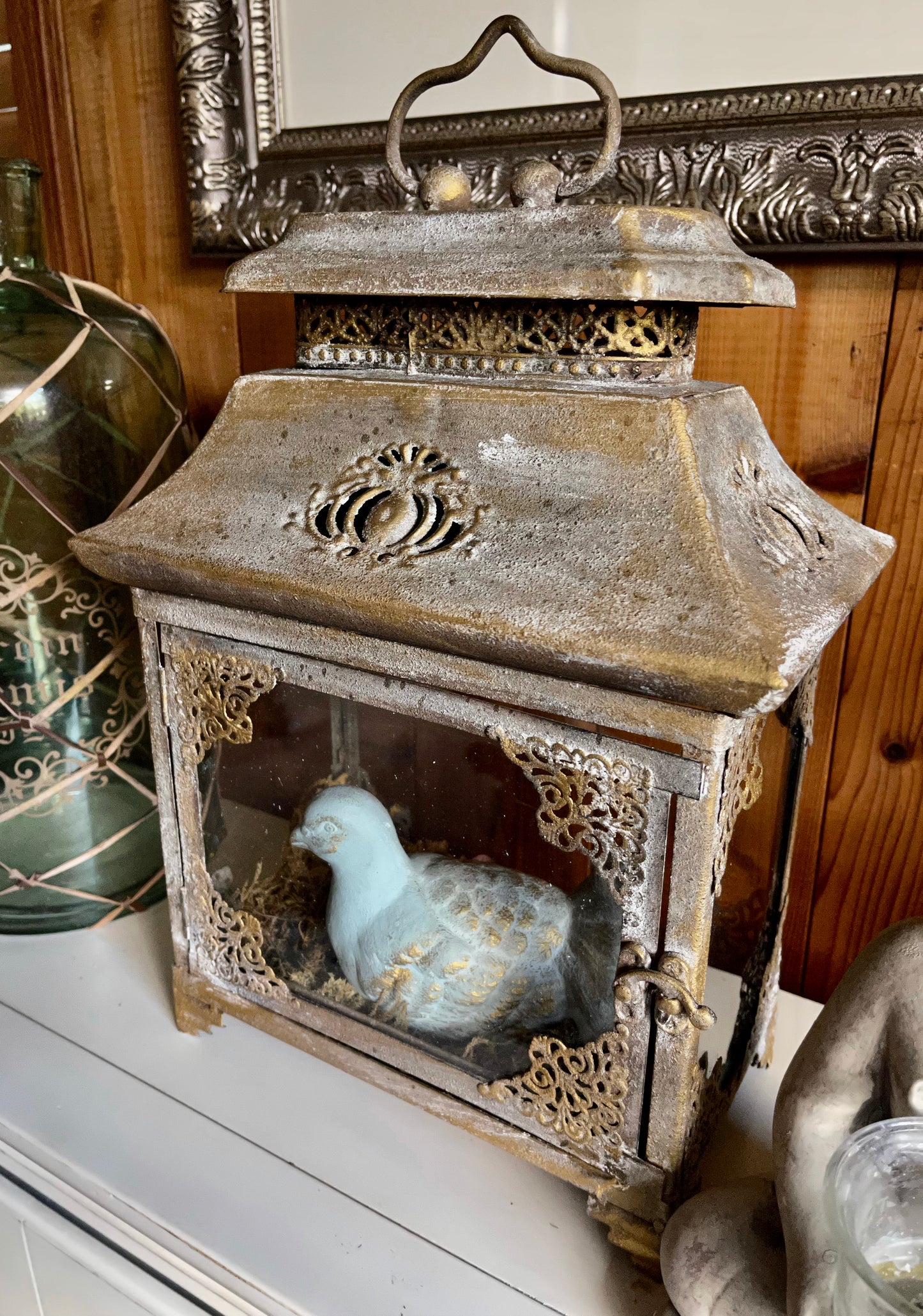 Beautifully Intricate Lantern, Gold Distressed Lantern with Blue Bird, Old World Vintage