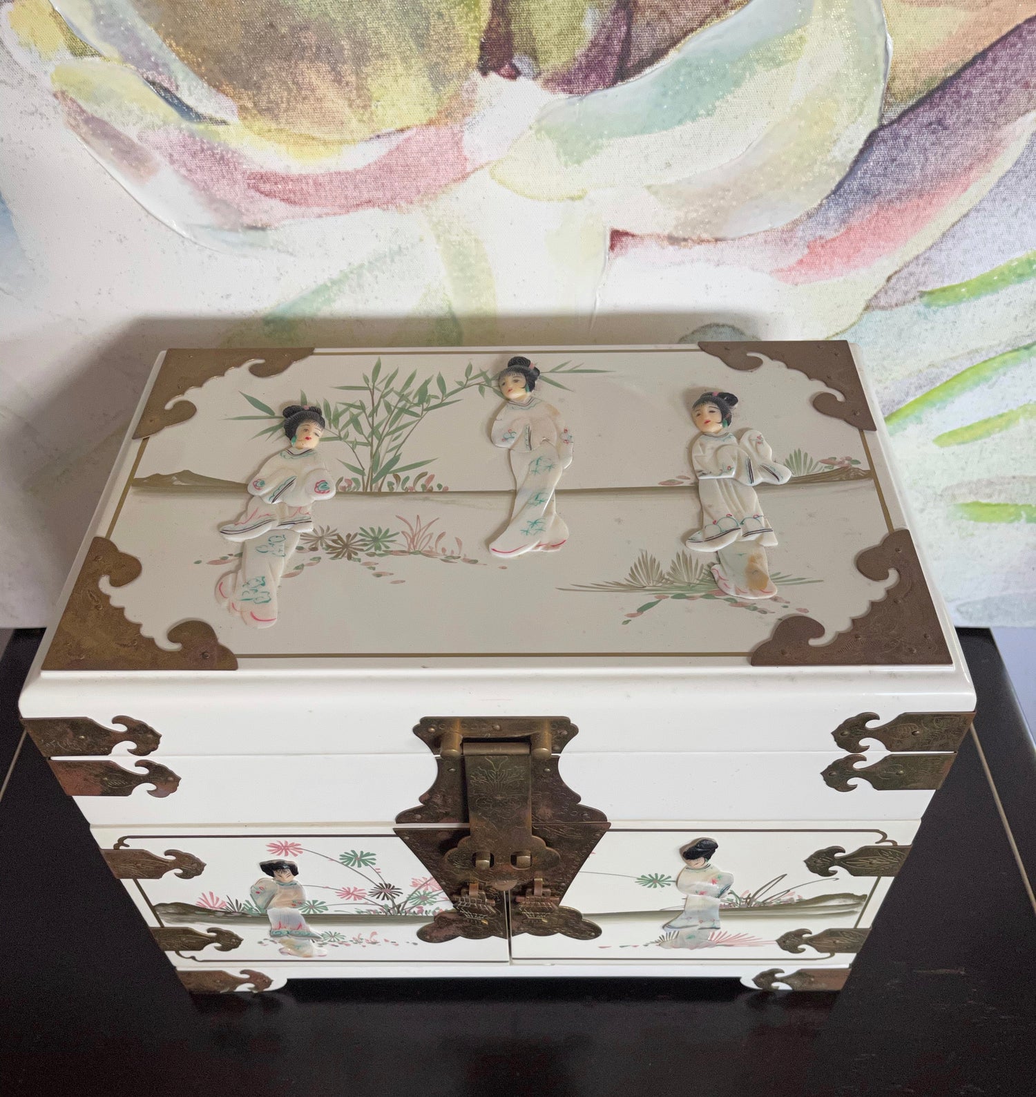 Rare Vintage JAPANESE Jewelry Box, Mother of Pearl Relief, Old World Vintage