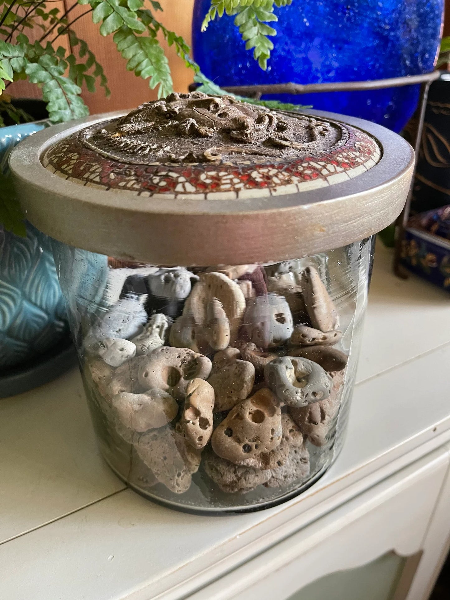 Medusa Head Jar Cover Vintage Glass with Beach Stones, Bodhi Vintage
