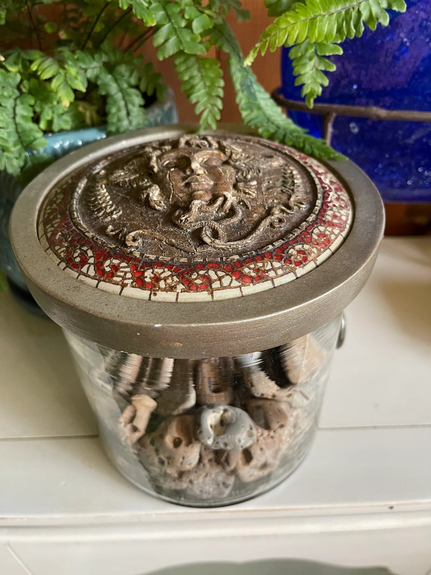 Medusa Head Jar Cover Vintage Glass with Beach Stones, Bodhi Vintage