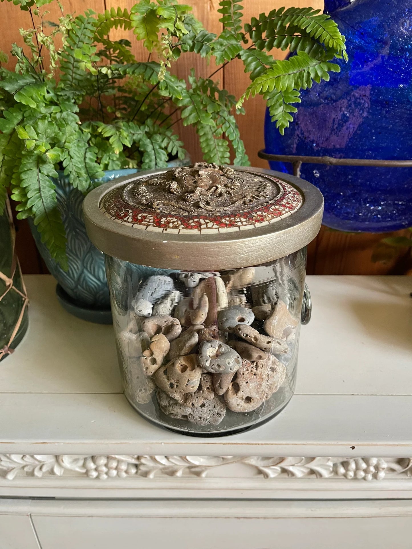 Medusa Head Jar Cover Vintage Glass with Beach Stones, Bodhi Vintage