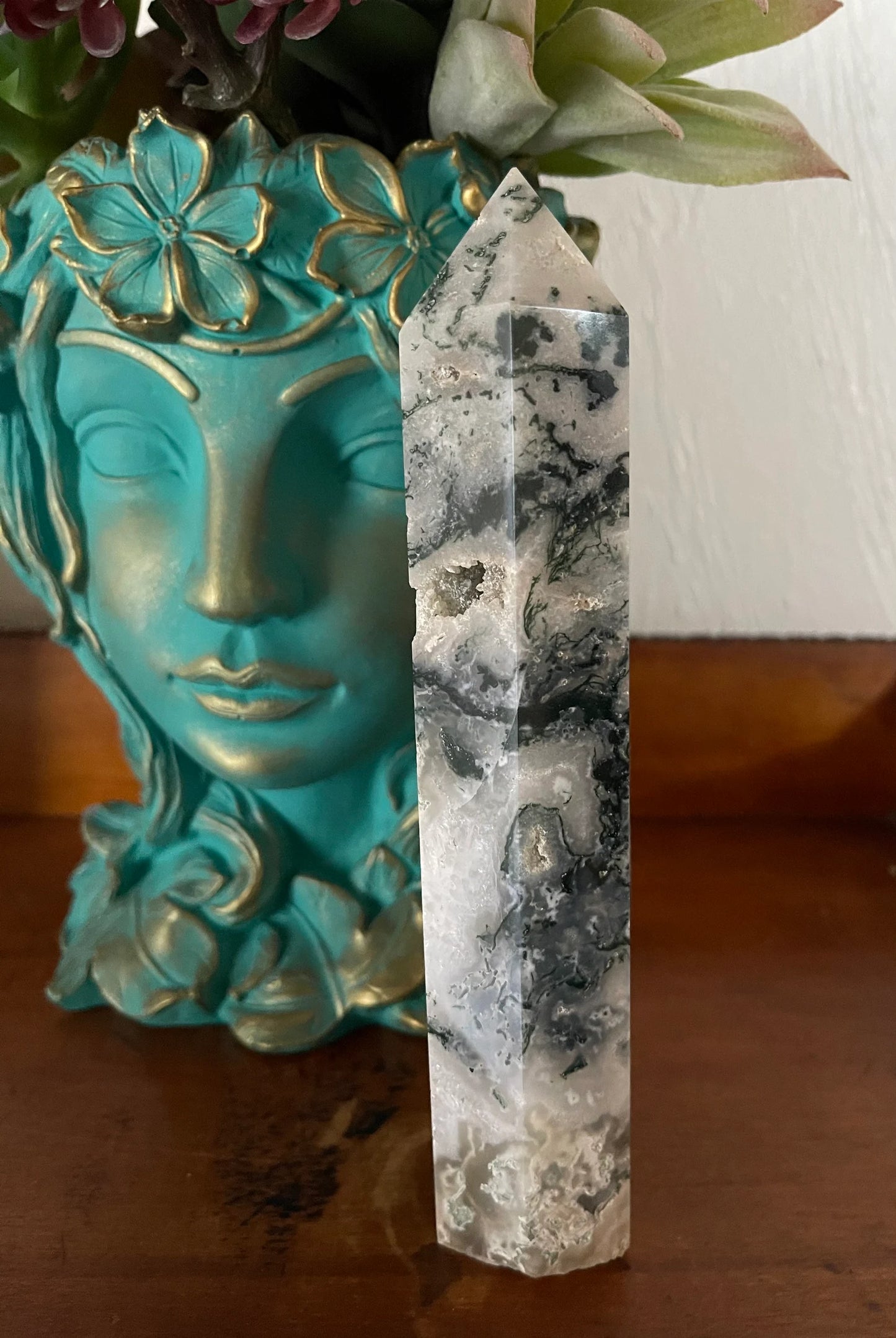 Moss Agate Tower, Natural Moss Agate, Bodhi Crystal Magic