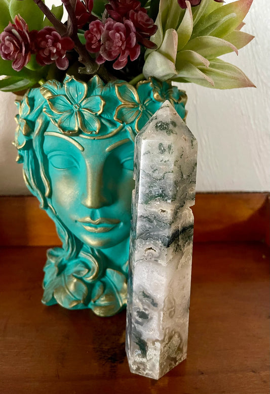 Moss Agate Tower, Natural Moss Agate, Bodhi Crystal Magic