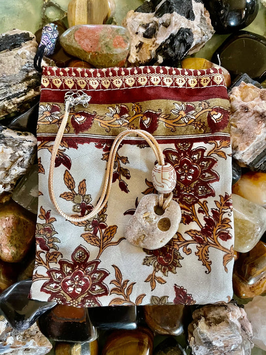 Spirited Bohemian Water Magic Amulet with Hand Crafted Silk Pouch, Bodhi Jewelry, odin stone, adder stone, hex stone, beach stone, hag stone, hagstone, stone necklace, stone gift, protection amulet