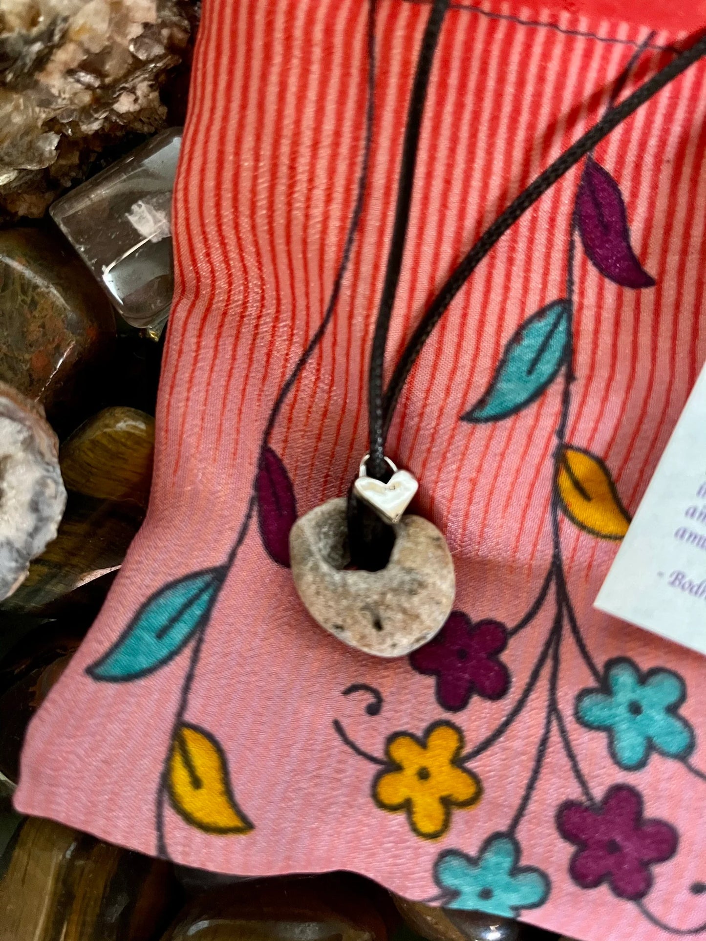 Spirited Bohemian Hag Stone Pendant, Gift, Hand Crafted Artisan Silver Heart Charm, Bodhi Jewelry