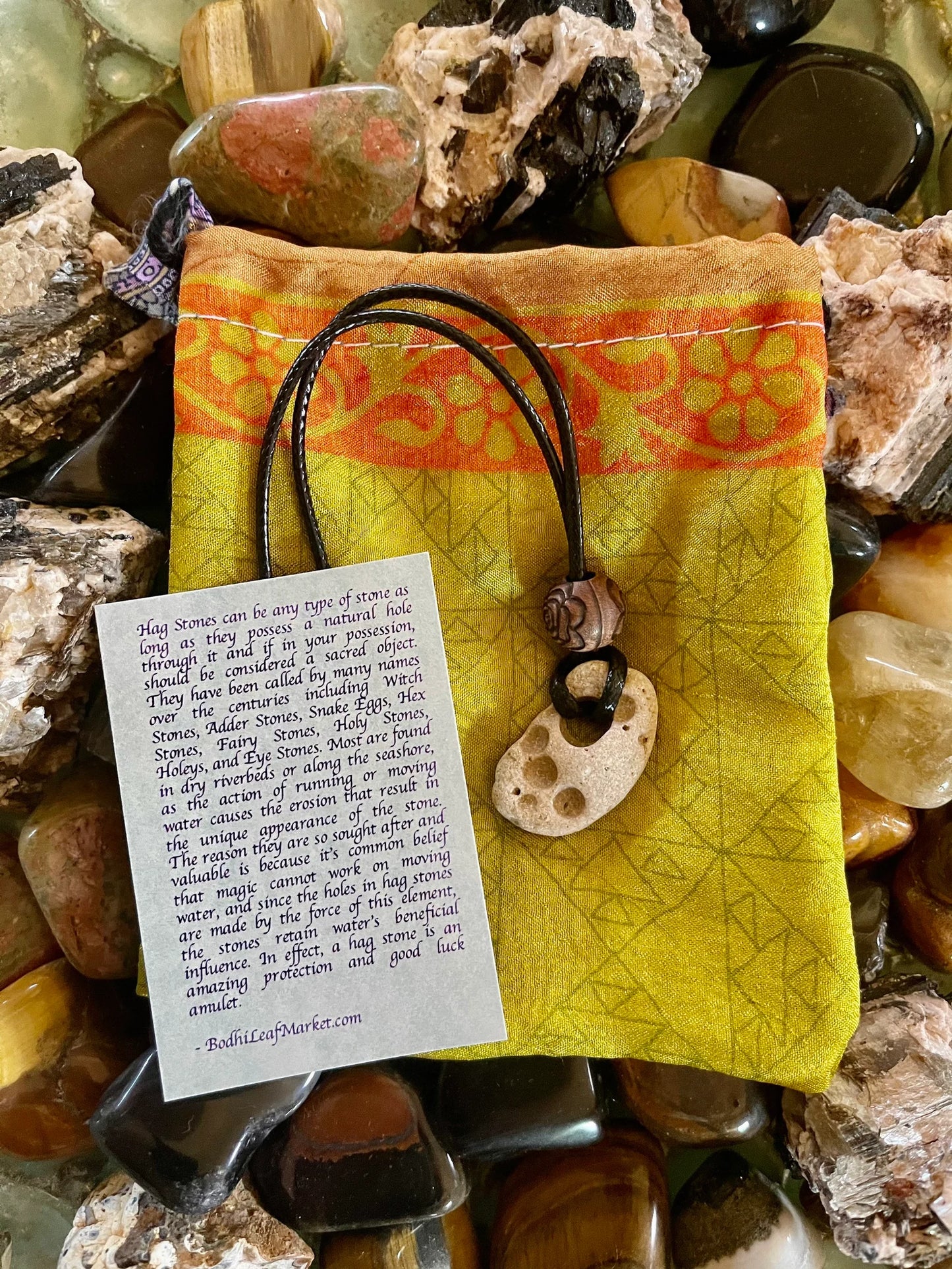 Spirited Bohemian Water Magic Amulet in Hand Crafted Silk Pouch, Bodhi Jewelry, stone necklace, hag stone, odin stone, beach stone, island stone, stone gift