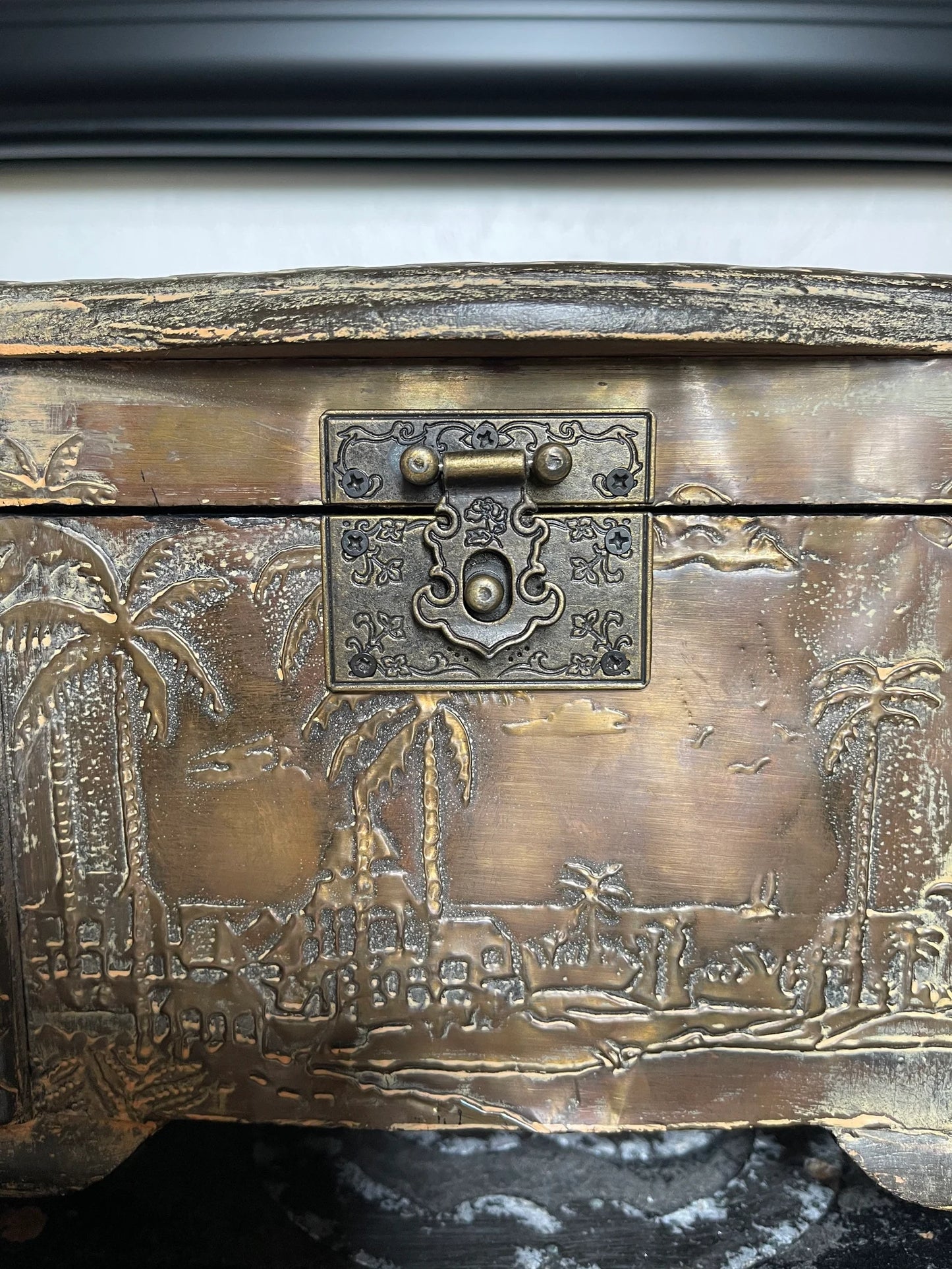 West Indies Style Chest, Stamped Metal, Home Decor