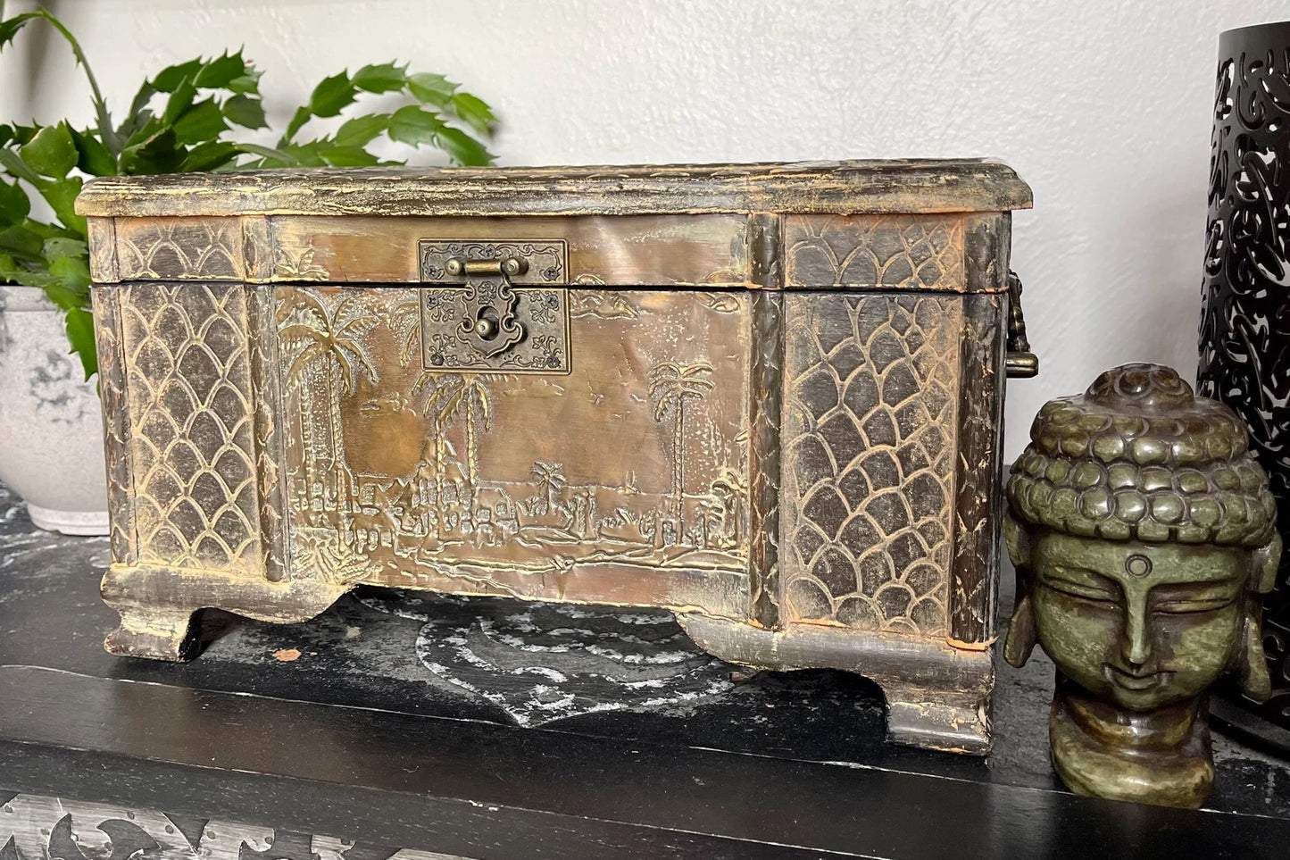 West Indies Style Chest, Stamped Metal, Home Decor