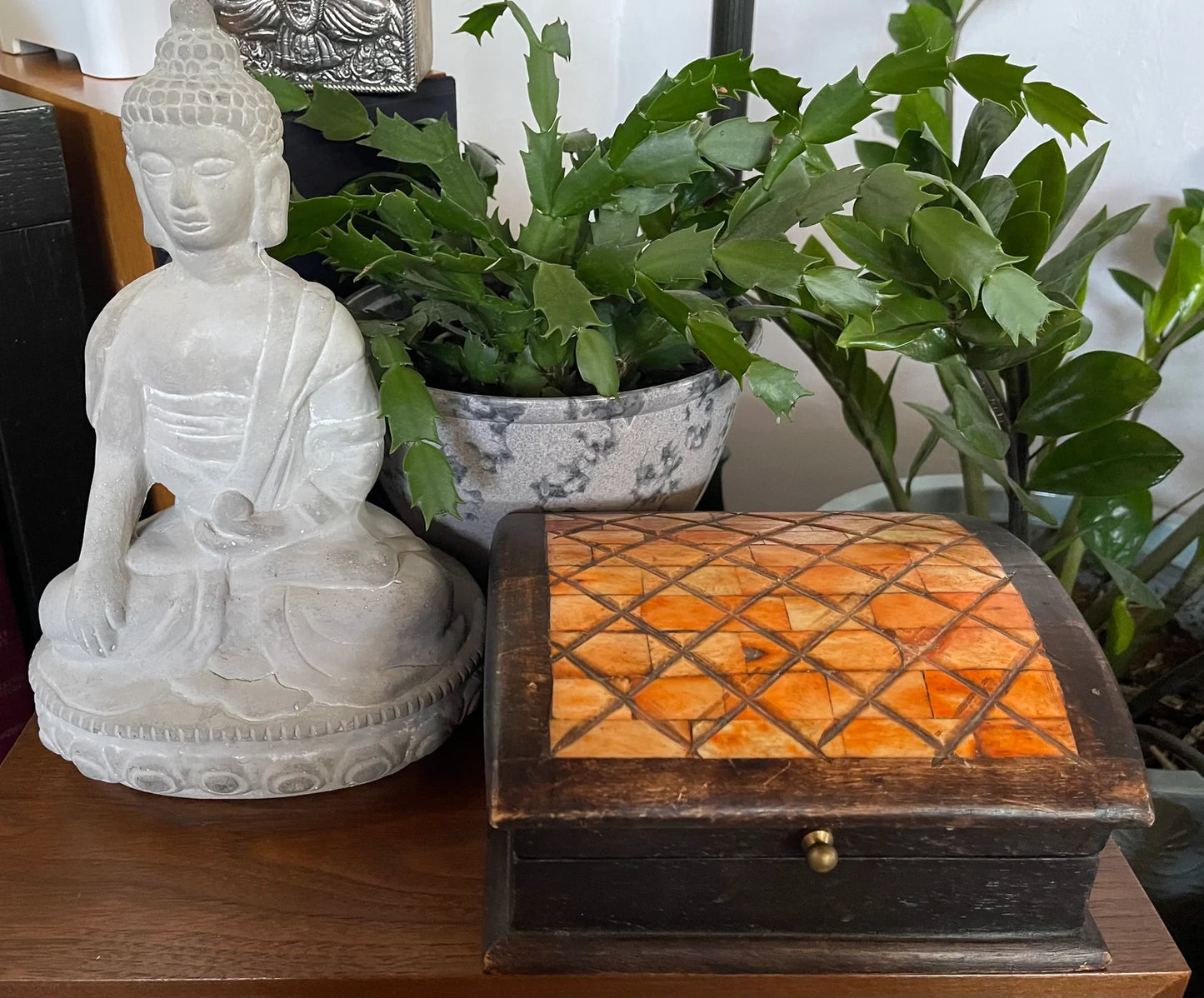 Unique Primitive Inlaid Wooden Box, Old World Vintage