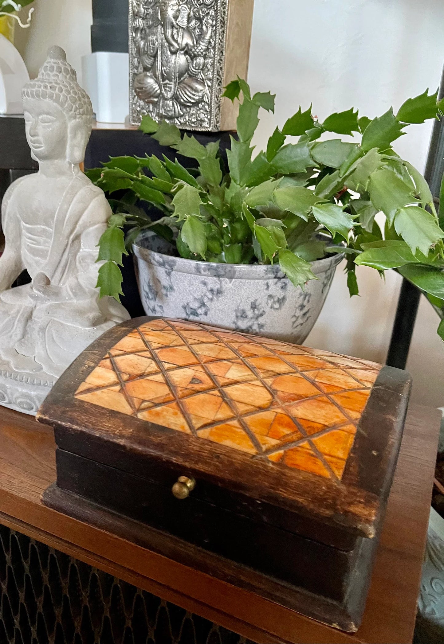 Unique Primitive Inlaid Wooden Box, Old World Vintage