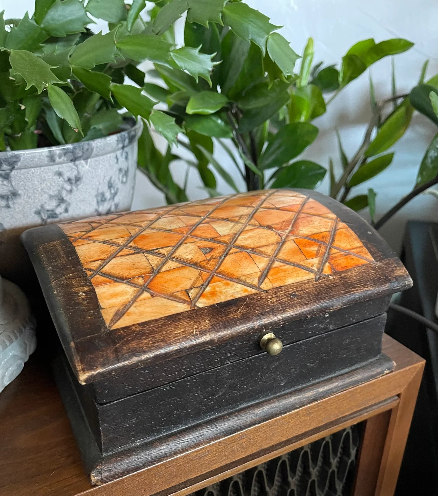 Unique Primitive Inlaid Wooden Box, Old World Vintage