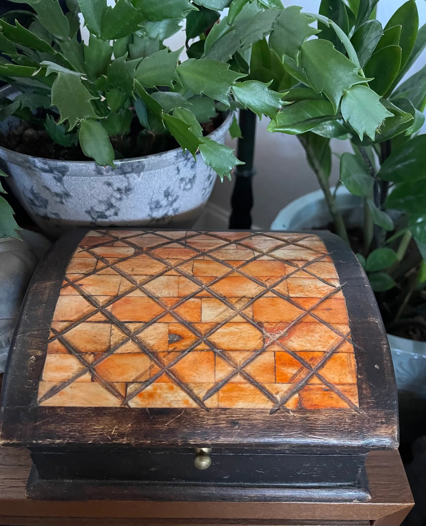Unique Primitive Inlaid Wooden Box, Old World Vintage