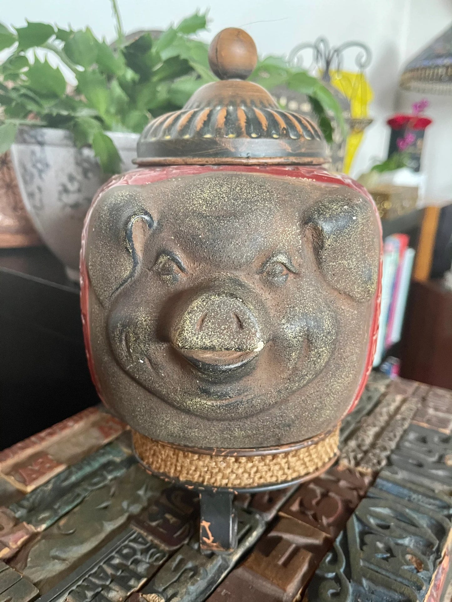 Retired Pier One Metal Pig with Ceramic Asian Scroll, Pineapple Design Footed Jar, Home Decor