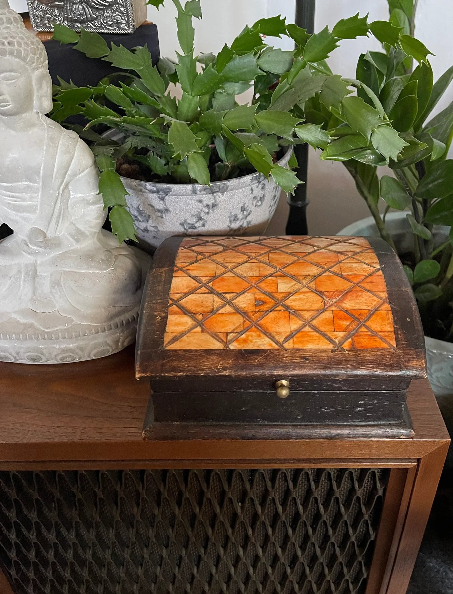 Unique Primitive Inlaid Wooden Box, Old World Vintage