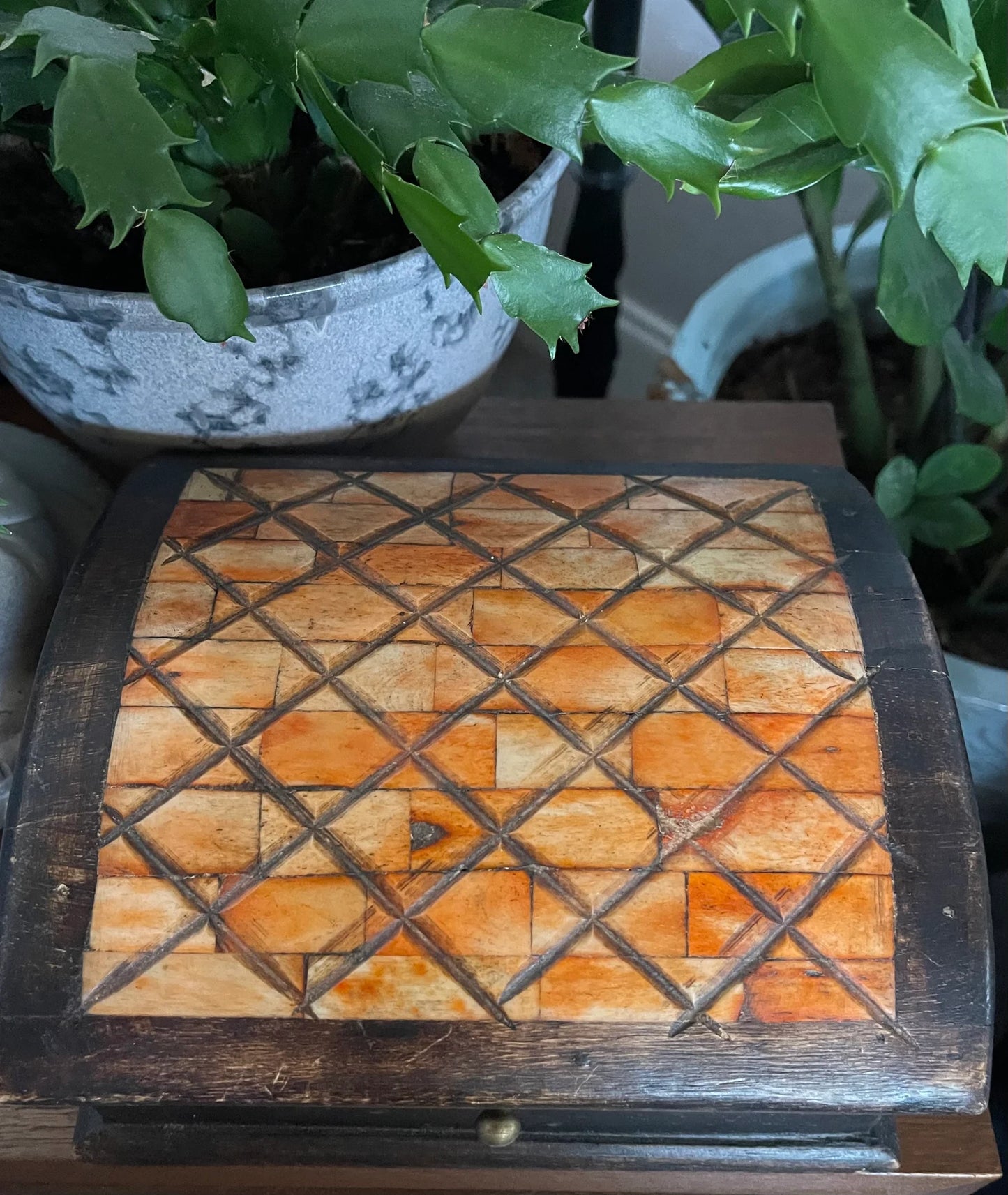 Unique Primitive Inlaid Wooden Box, Old World Vintage