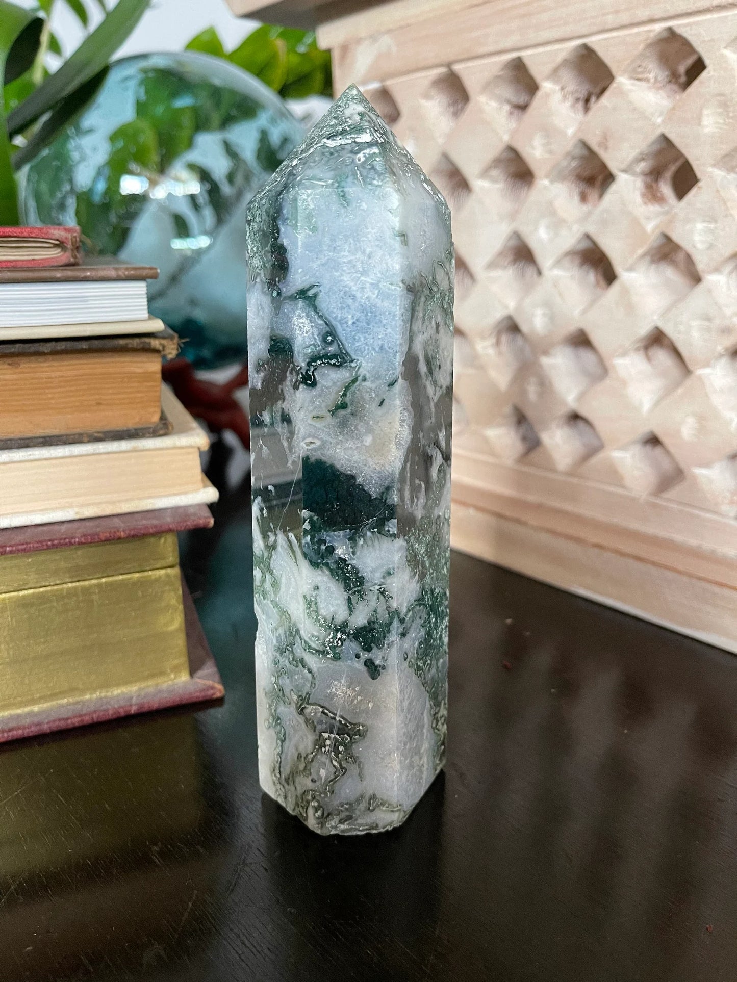 Stunning Moss Agate Tower, Natural Moss Agate, Bodhi Crystal Magic