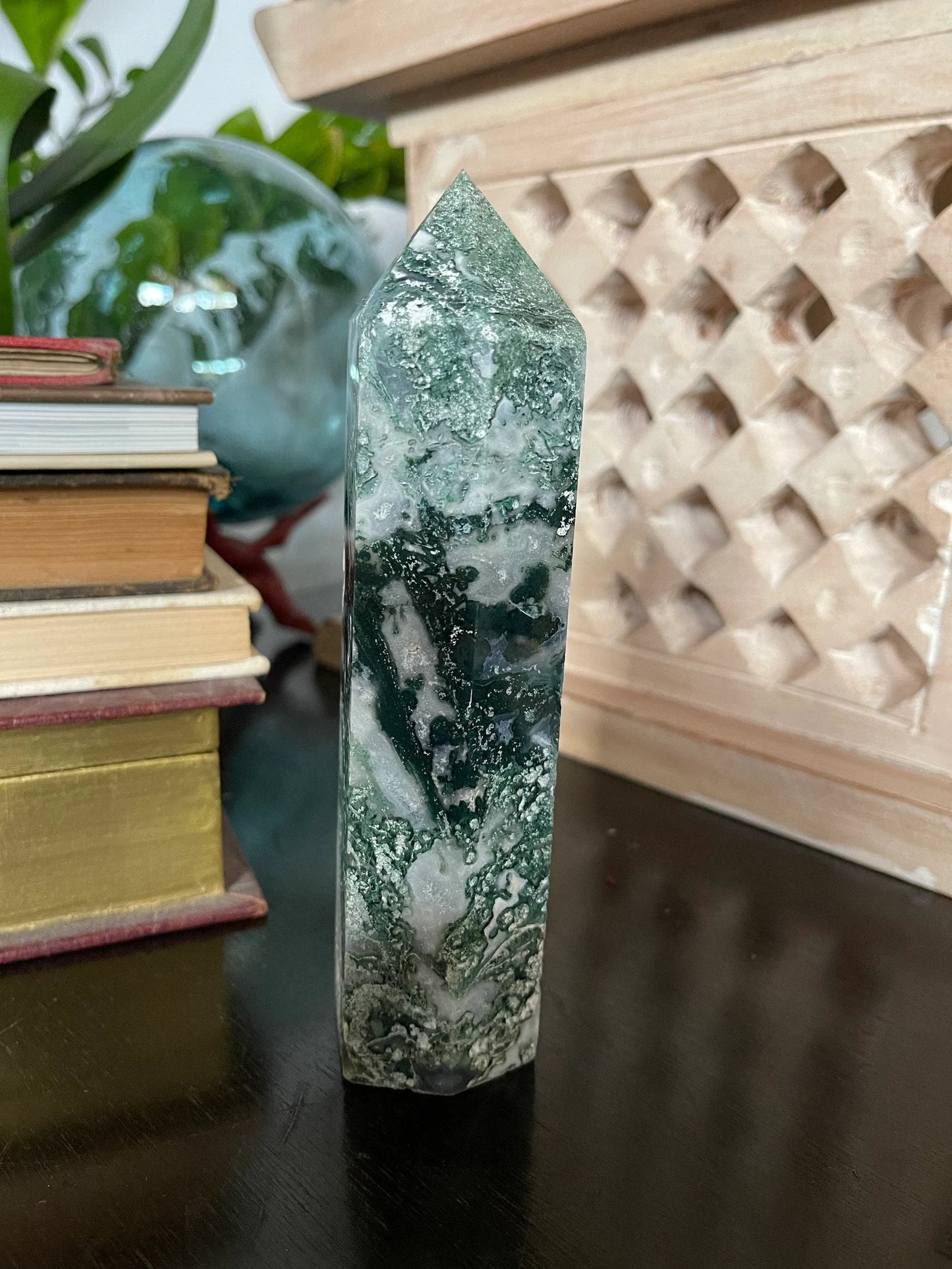 Stunning Moss Agate Tower, Natural Moss Agate, Bodhi Crystal Magic