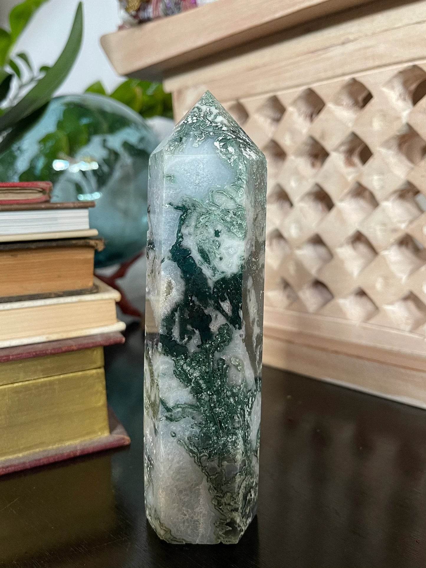 Stunning Moss Agate Tower, Natural Moss Agate, Bodhi Crystal Magic