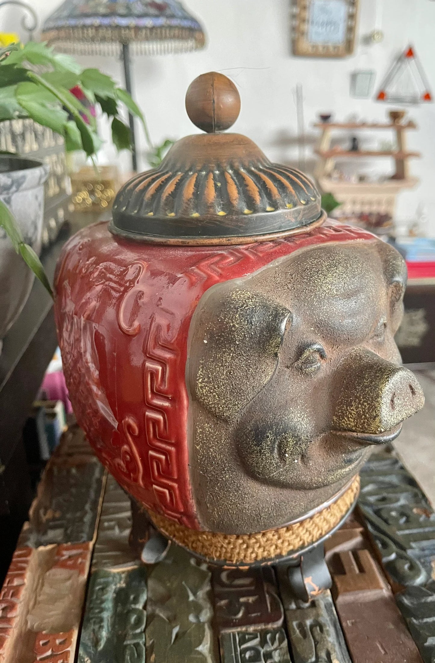 Retired Pier One Metal Pig with Ceramic Asian Scroll, Pineapple Design Footed Jar, Home Decor