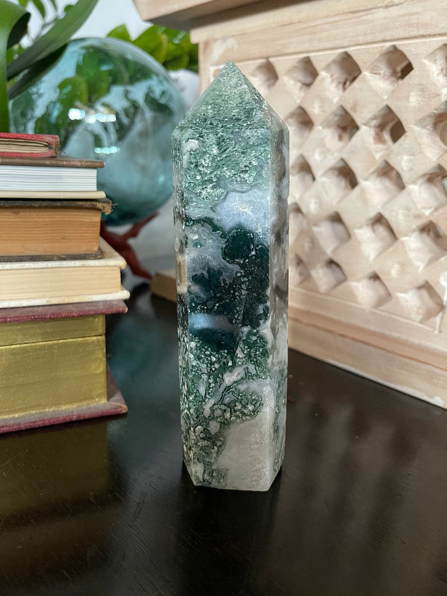 Stunning Moss Agate Tower, Natural Moss Agate, Bodhi Crystal Magic