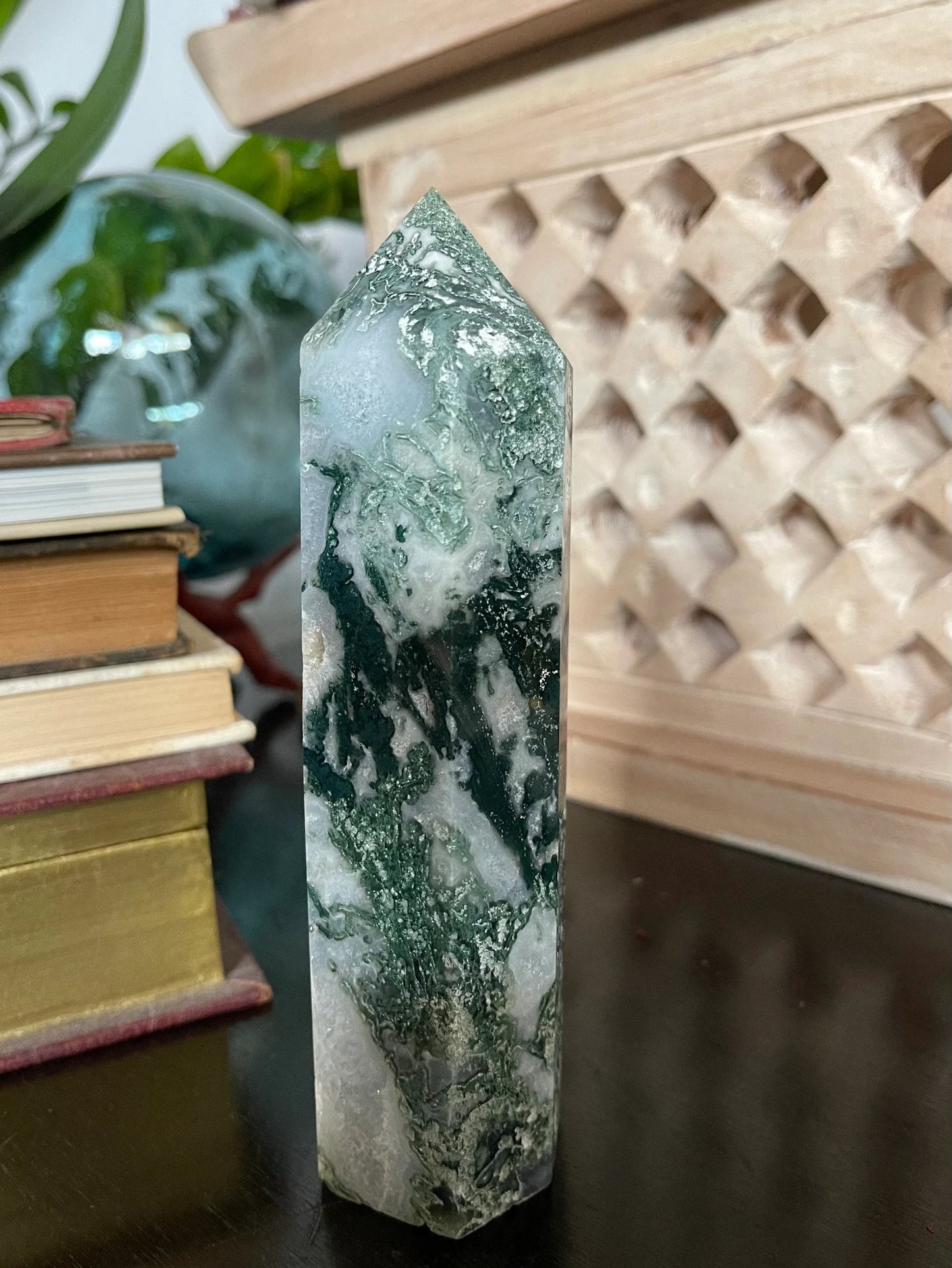 Stunning Moss Agate Tower, Natural Moss Agate, Bodhi Crystal Magic