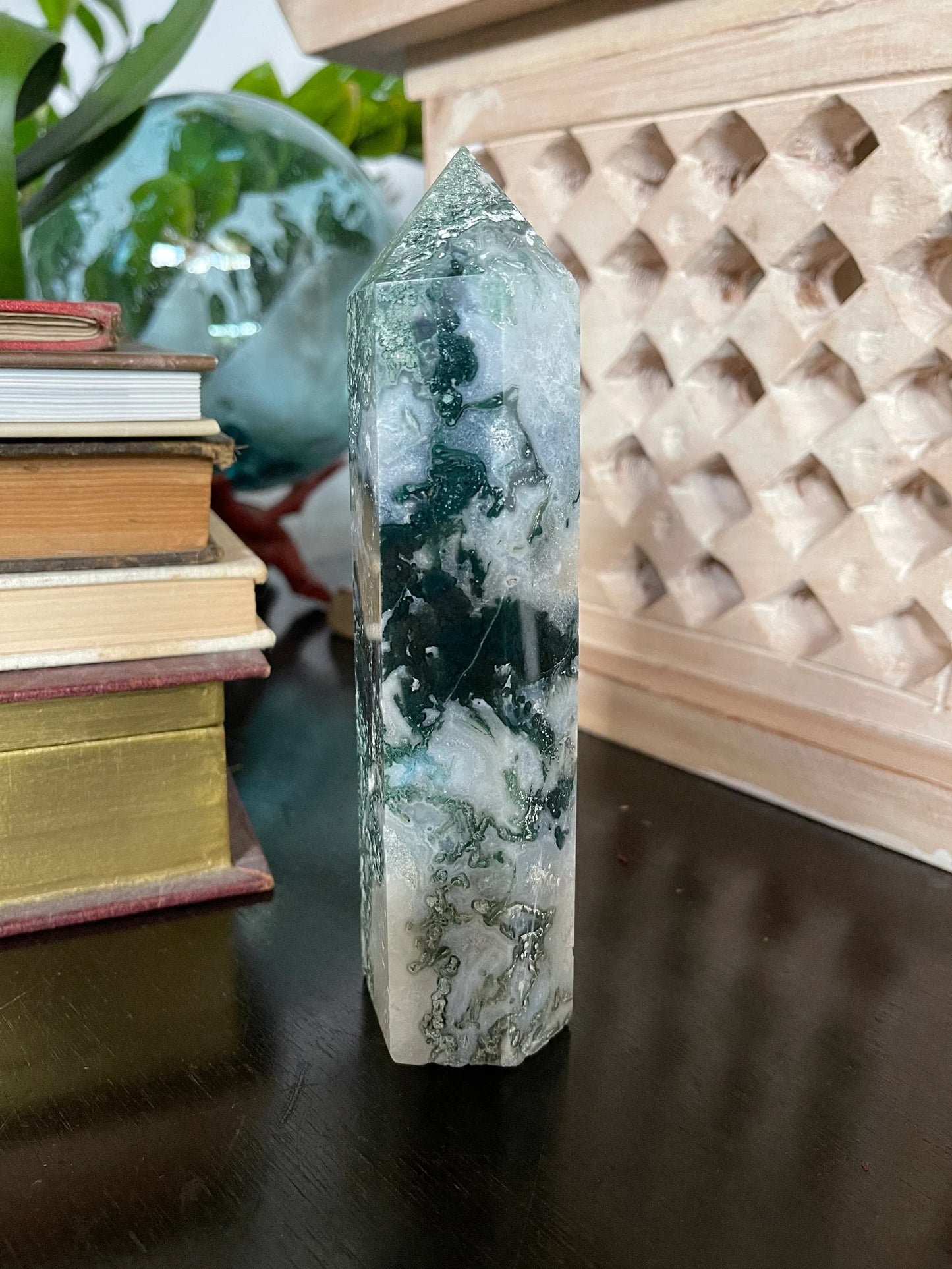 Stunning Moss Agate Tower, Natural Moss Agate, Bodhi Crystal Magic