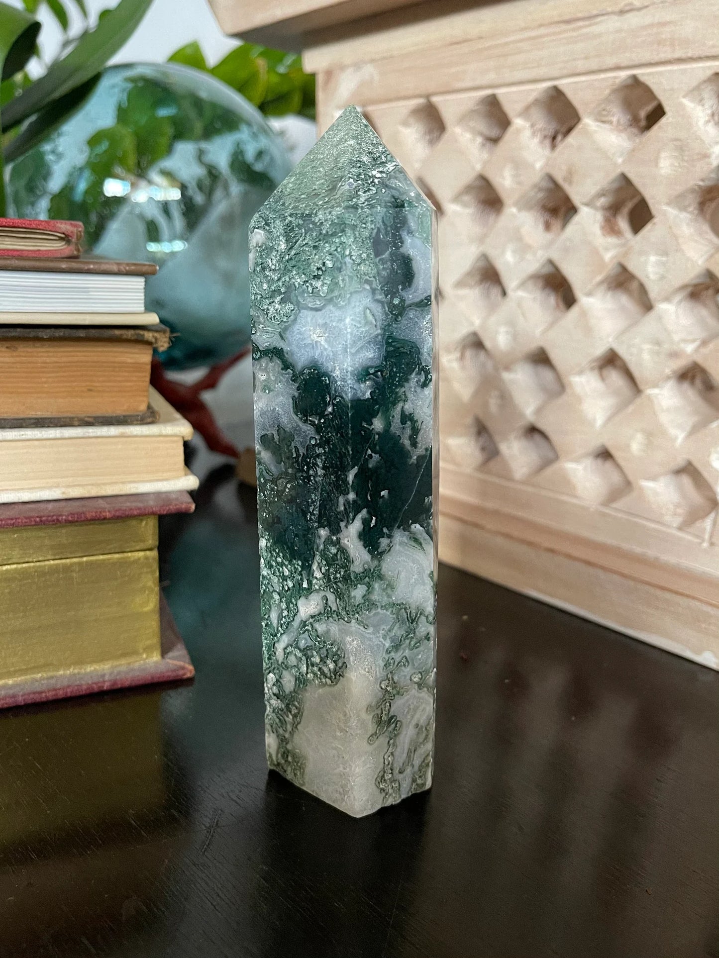 Stunning Moss Agate Tower, Natural Moss Agate, Bodhi Crystal Magic