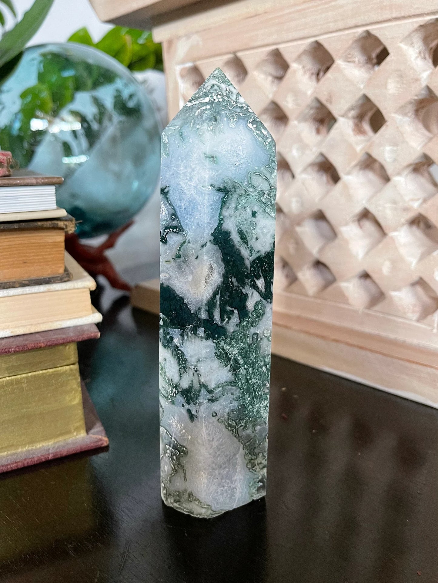 Stunning Moss Agate Tower, Natural Moss Agate, Bodhi Crystal Magic