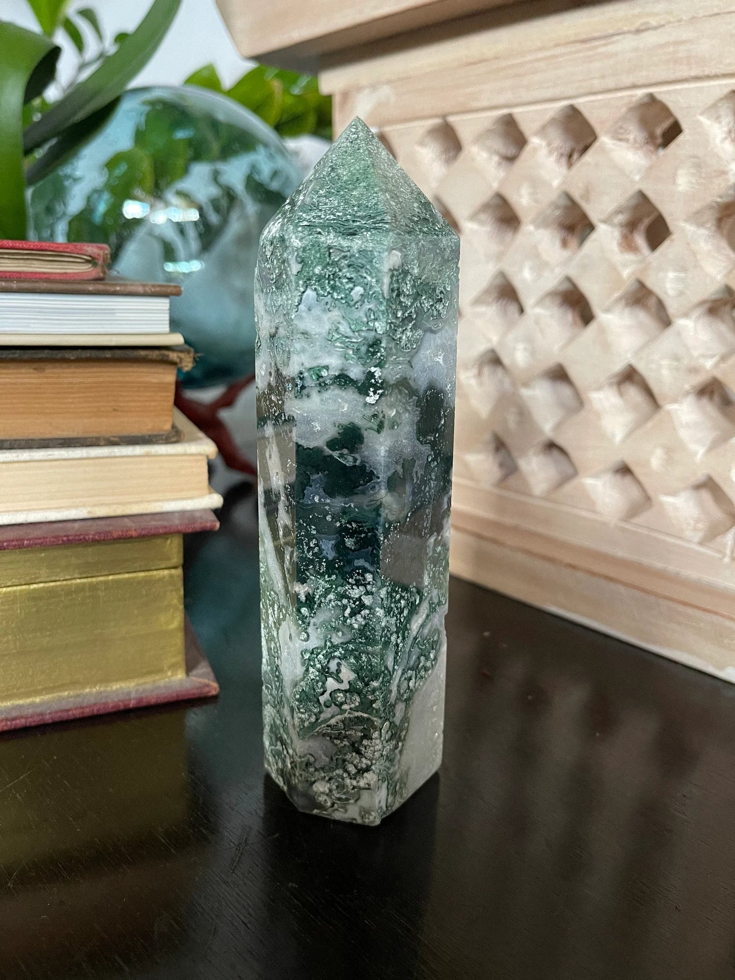 Stunning Moss Agate Tower, Natural Moss Agate, Bodhi Crystal Magic