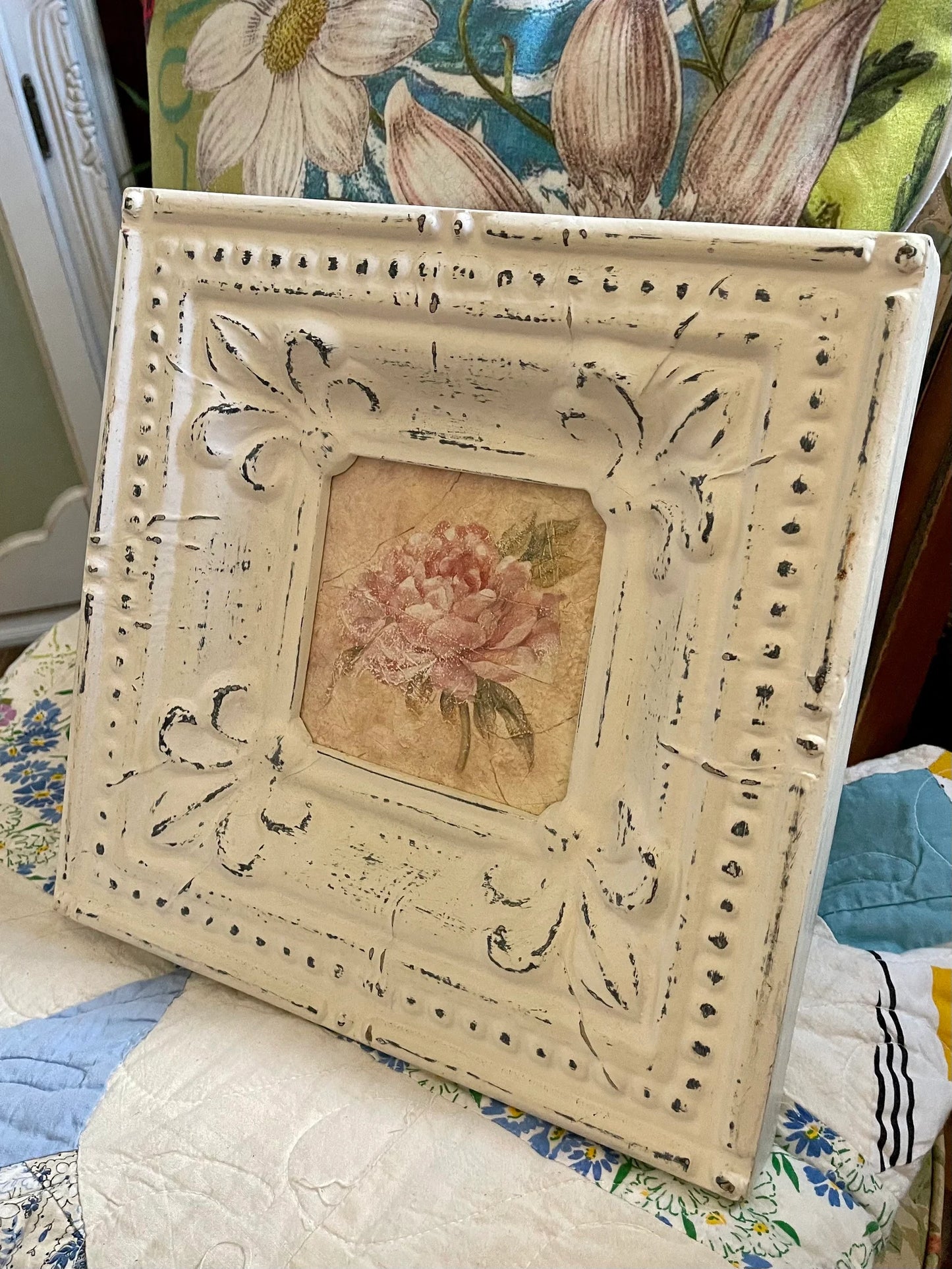 Shabby Chic Faux Tin Looking Wall Decor, Peony Flower, Home Decor