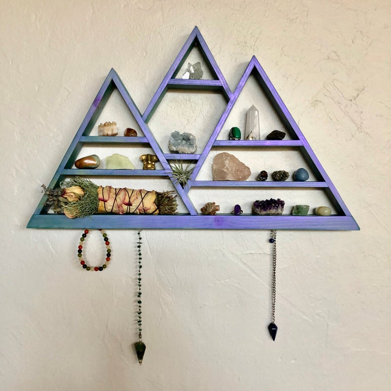 Geometrical Wall Hanging, Triangle Shelves, Floating Jewelry Shelf, Galaxy Stain, Boho, Jewelry Hanger, Crystal Display, Metaphysical