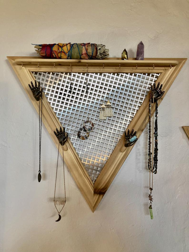 One of a Kind Triangle Jewelry Shelf with Metal Hand Hardware, Home Decor