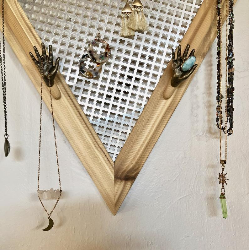 One of a Kind Triangle Jewelry Shelf with Metal Hand Hardware, Home Decor