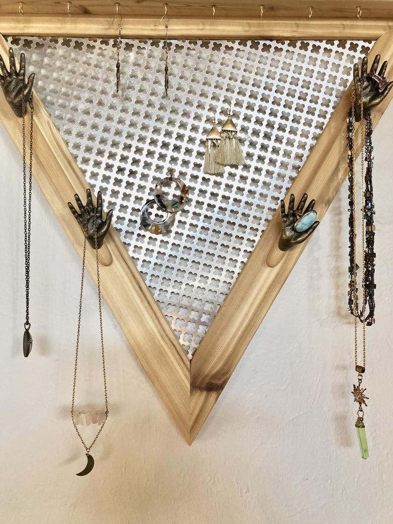 One of a Kind Triangle Jewelry Shelf with Metal Hand Hardware, Home Decor