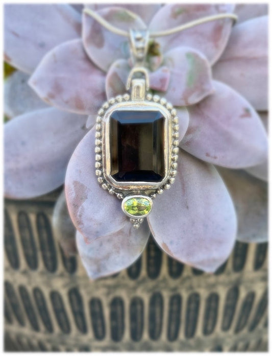 Rich Smoky Quartz Pendant with Peridot, Vintage Pendant, Estate Jewelry, Vintage Necklace, Sterling Silver