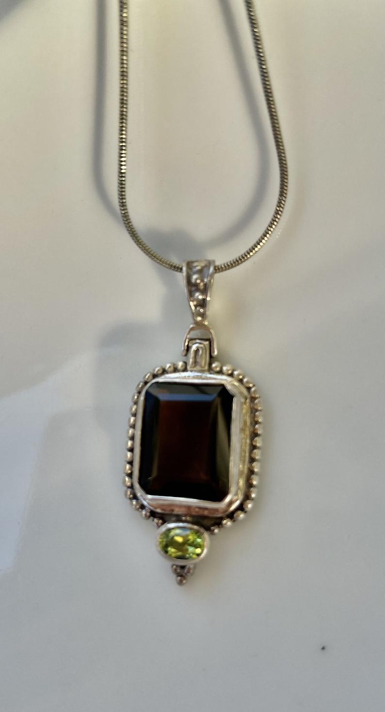Rich Smoky Quartz Pendant with Peridot, Bodhi Jewelry