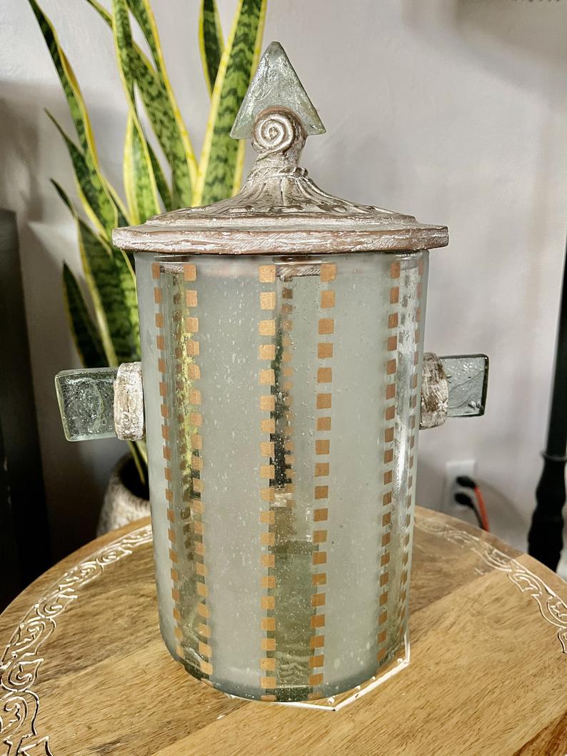 Eclectic Hand Crafted Glass Jar with Triangle Lid, Home Decor