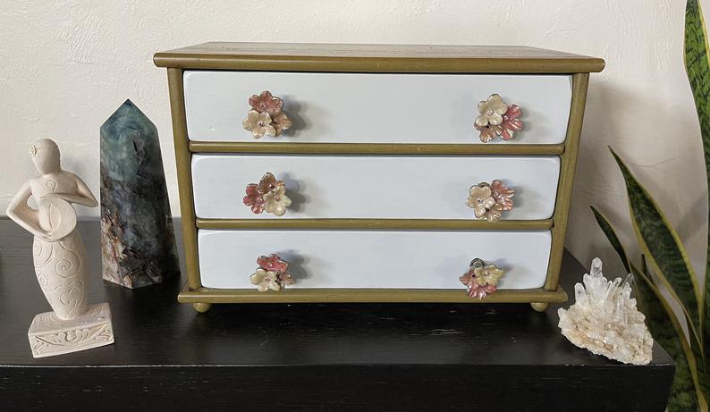 Lovecycled Jewelry Box, Large and Heavy Vintage Jewelry Box, Vintage Anthropologie Metal Floral Knobs, Gift, Hand Painted, Bodhi Leaf Market
