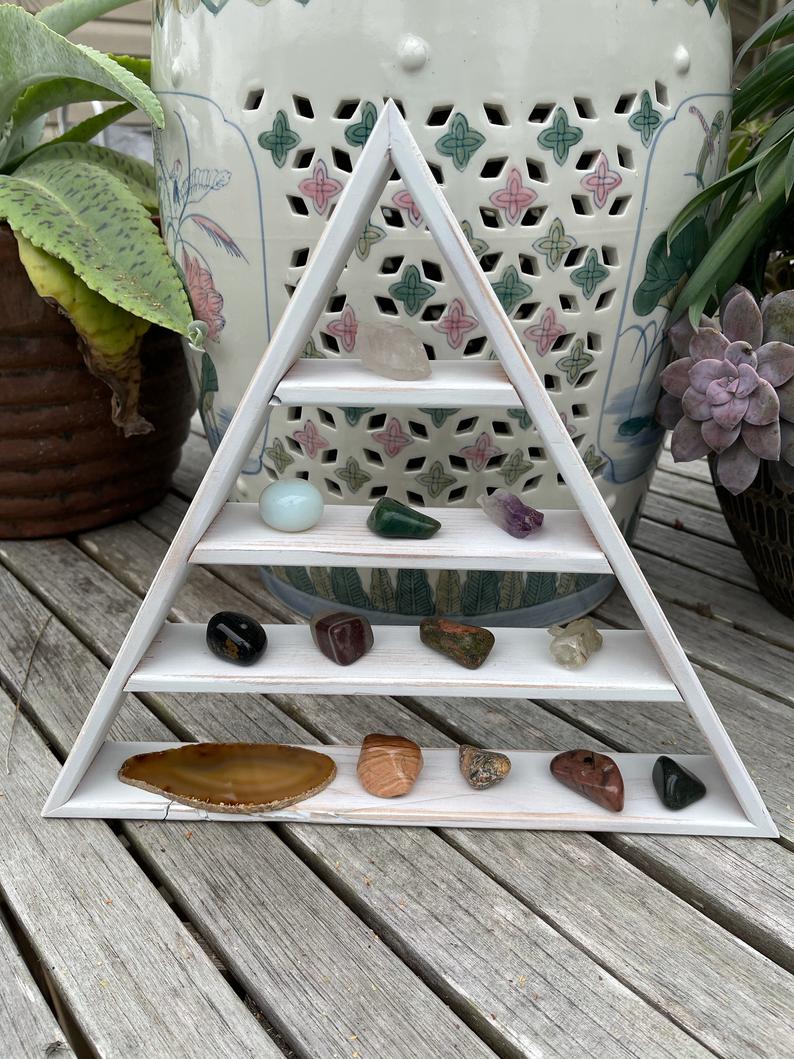 Triangle Shelf, Distressed White Shelf, Hand Crafted Pine Shelf, Meditation, Geometrical, Wall Decor, Altar, Crystal Display