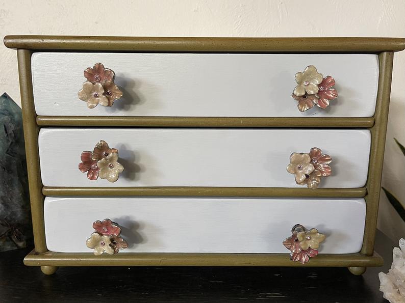 Lovecycled Jewelry Box, Vintage Anthropologie Metal Floral Knobs