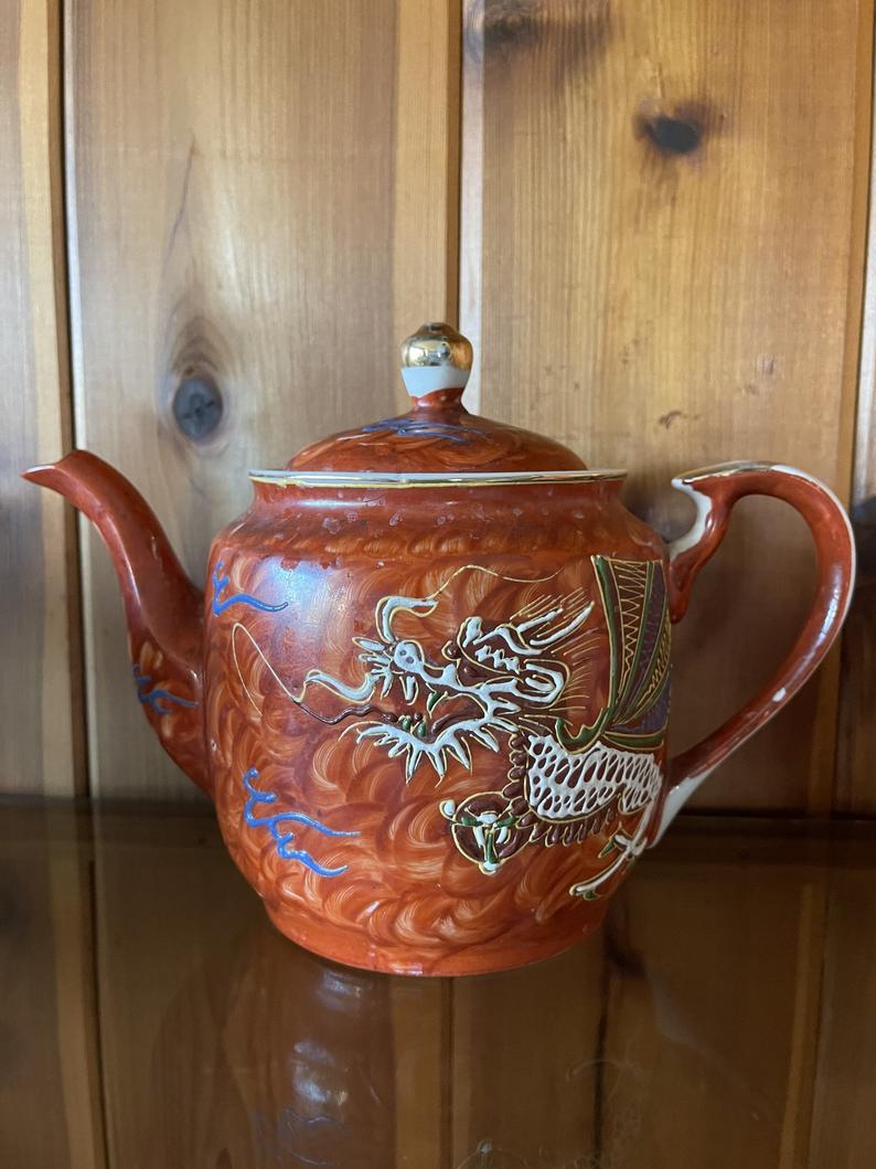 Vintage Hand Painted JB Betson's Bone China Dragon Tea Set with Raised Moriage Decor, Old World Vintage