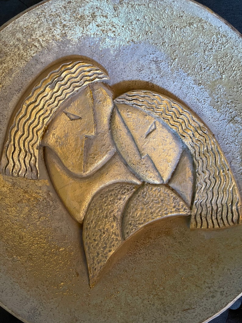 Extremely Rare and Stunning Vintage Jaru Expressionism Cubist Gold Tone Pottery, Old World Vintage