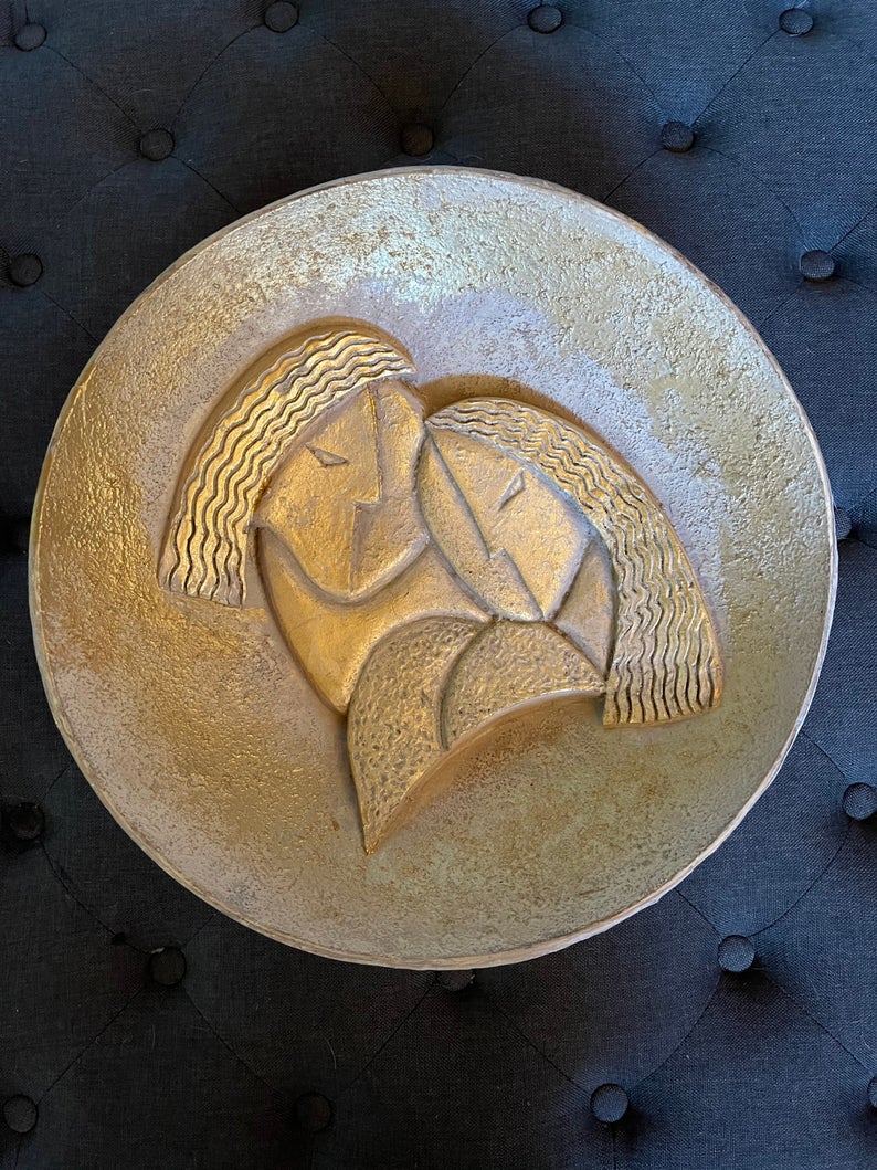 Extremely Rare and Stunning Vintage Jaru Expressionism Cubist Gold Tone Pottery, Old World Vintage