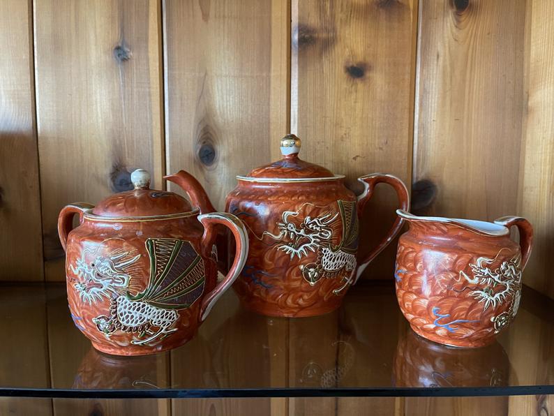 Vintage Hand Painted JB Betson's Bone China Dragon Tea Set with Raised Moriage Decor, Vintage Tea Set, Vintage Dragon, Dragon Decor