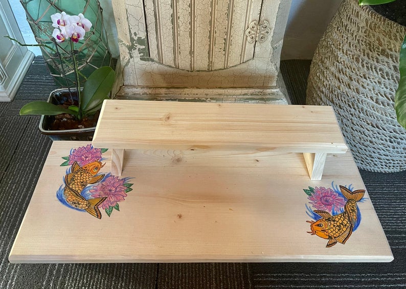 One of a Kind Prayer Table with Hand Drawn Koi, Home Decor