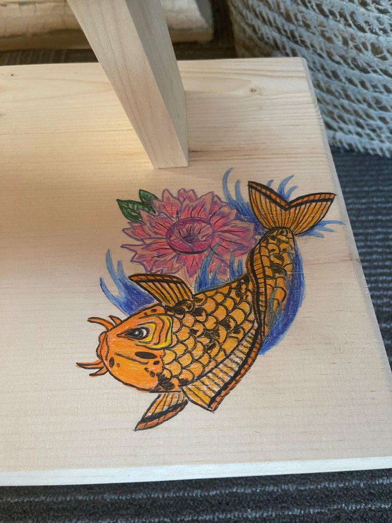 One of a Kind Prayer Table with Hand Drawn Koi, Home Decor