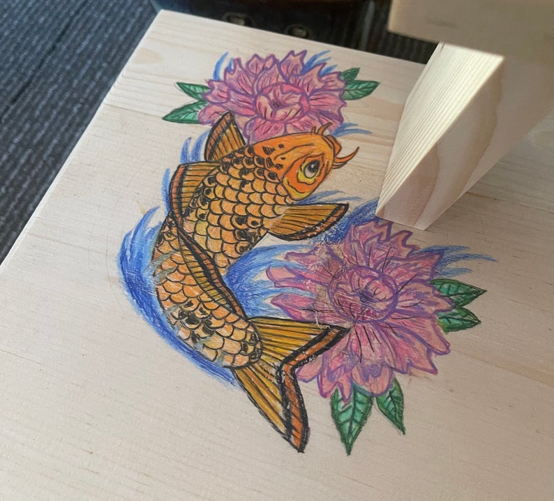 One of a Kind Prayer Table with Hand Drawn Koi, Home Decor